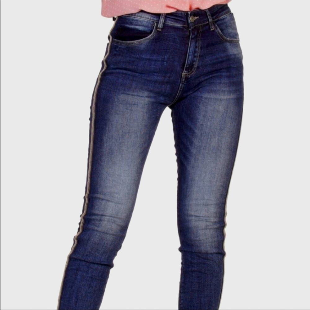 Elan High Rise Beaded Seam Dark Wash Stretch Skinny Blue Denim Jean Size L - Picture 6 of 11